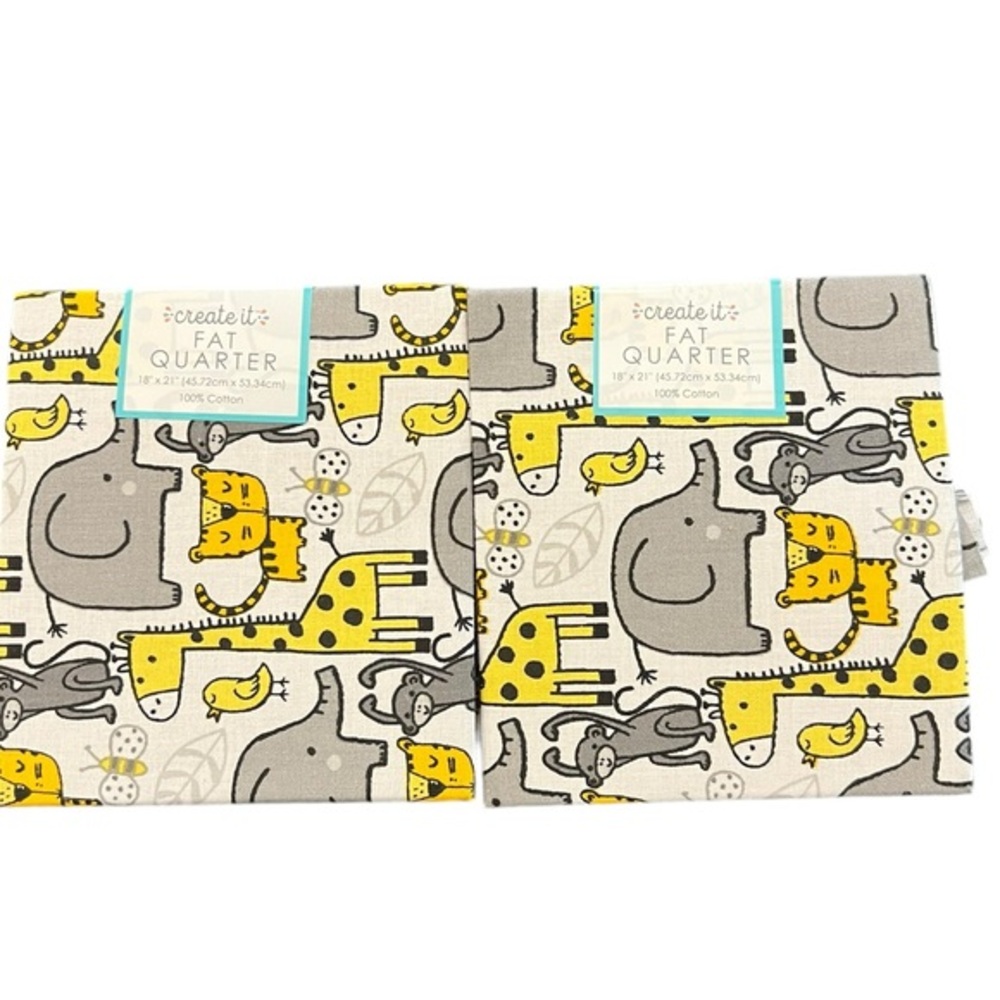 Lot Of 2 Create It Jungle Maize Fat Quarter 18x21 Fabric Animal‎ Print Elephant